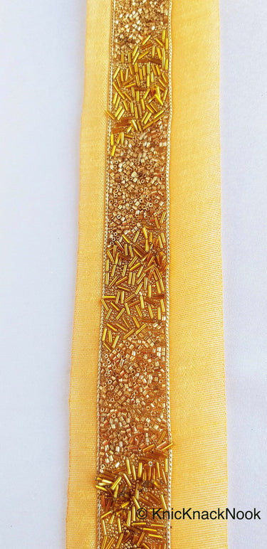 Beige Fabric Trim With Gold Seed Beads, Bugle Beads And Pipe Beads Embellishments, Beaded Trim